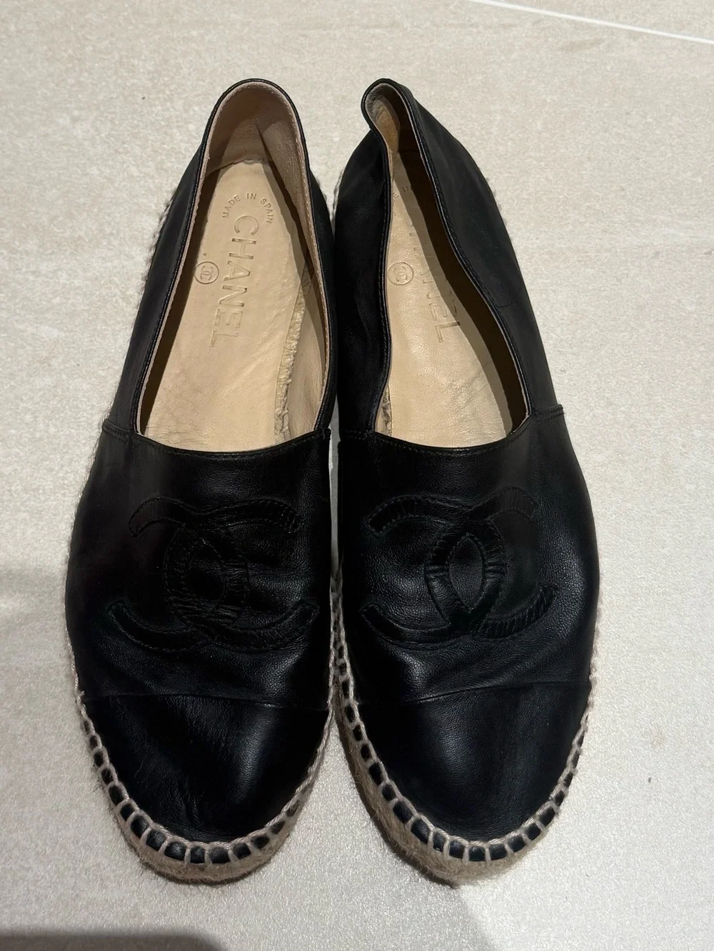 CHANEL Black Leather Espadrille Slip-Ons with CC Logo